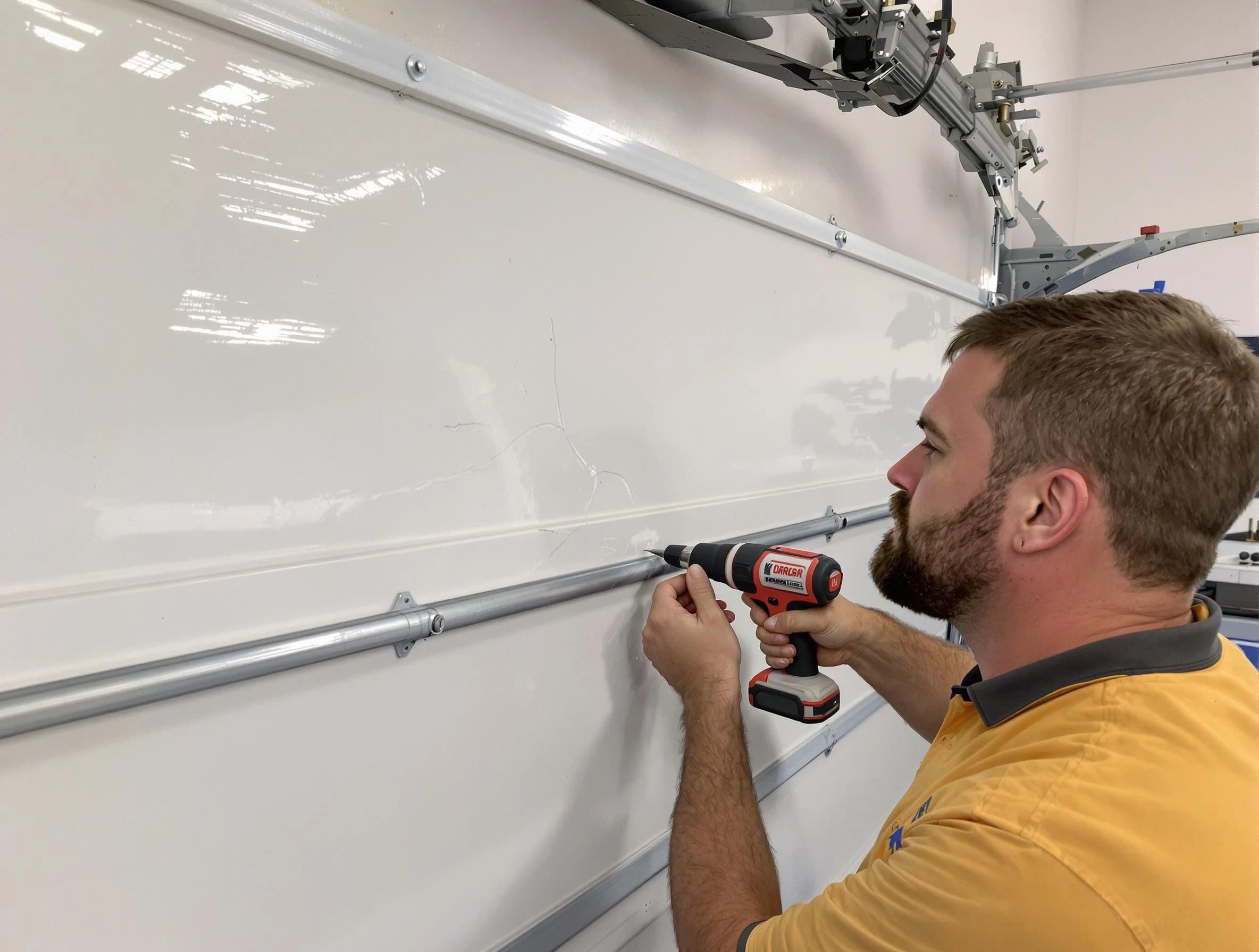 Winchester Garage Door Repair expert performing dent repair on garage door in Winchester