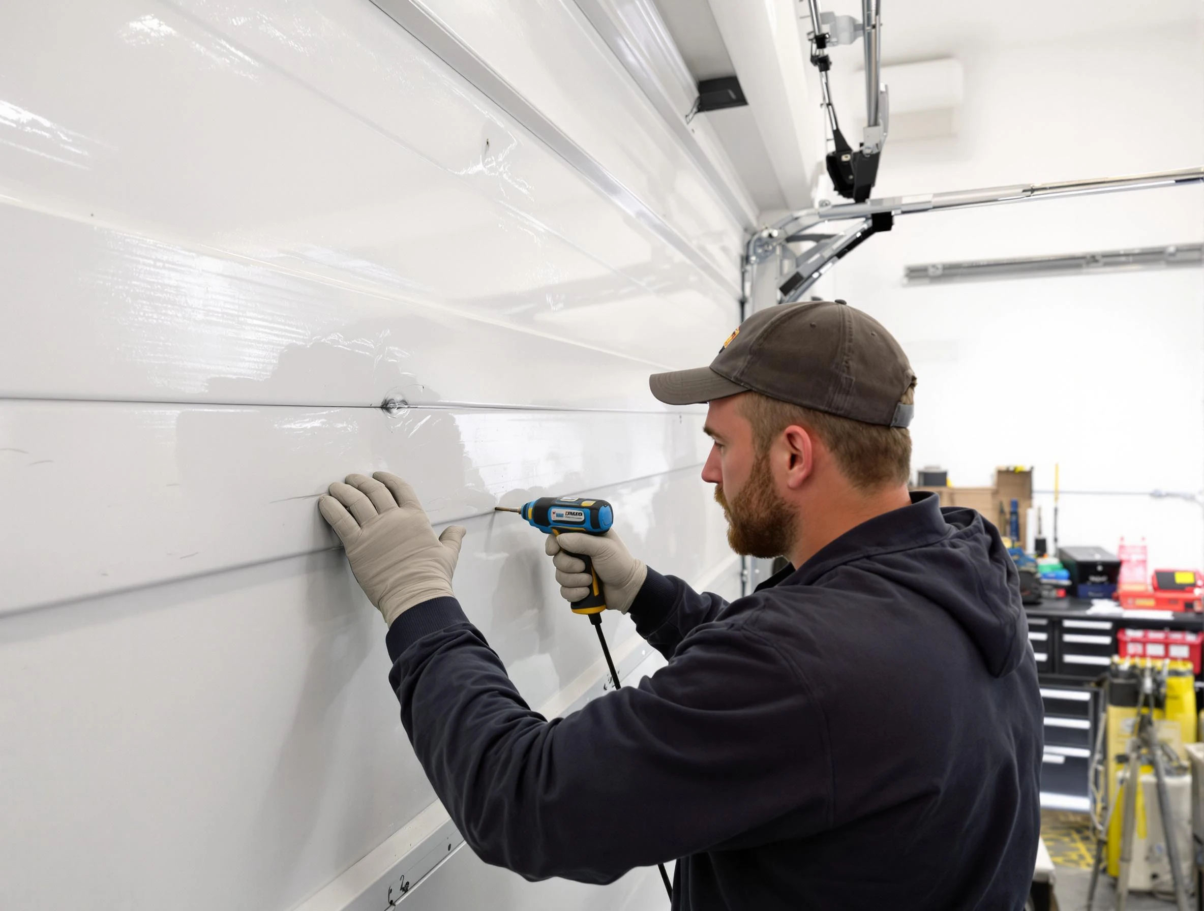 Winchester Garage Door Repair technician demonstrating precision dent removal techniques on a Winchester garage door