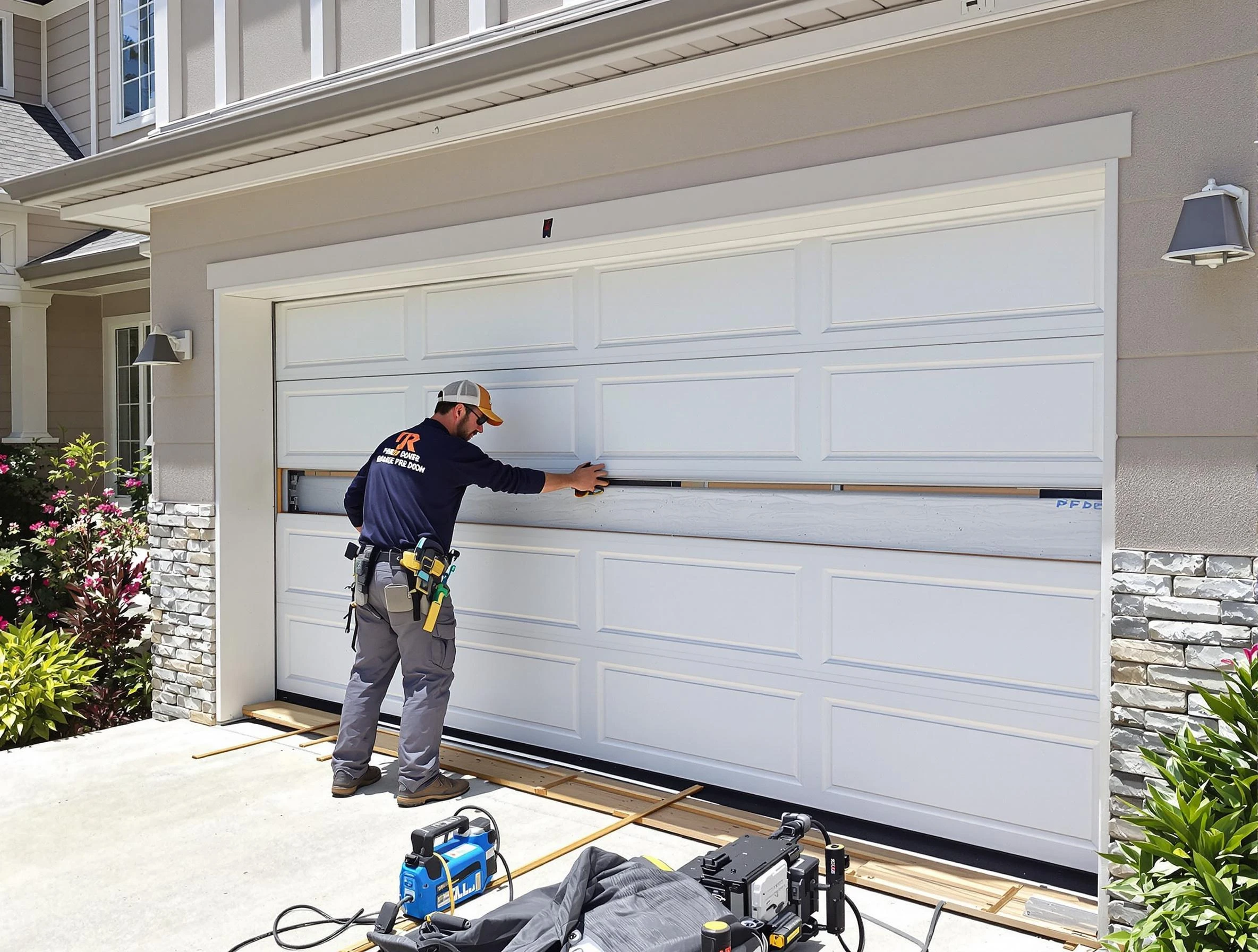 Winchester Garage Door Repair team performing complete garage door replacement at Winchester residence