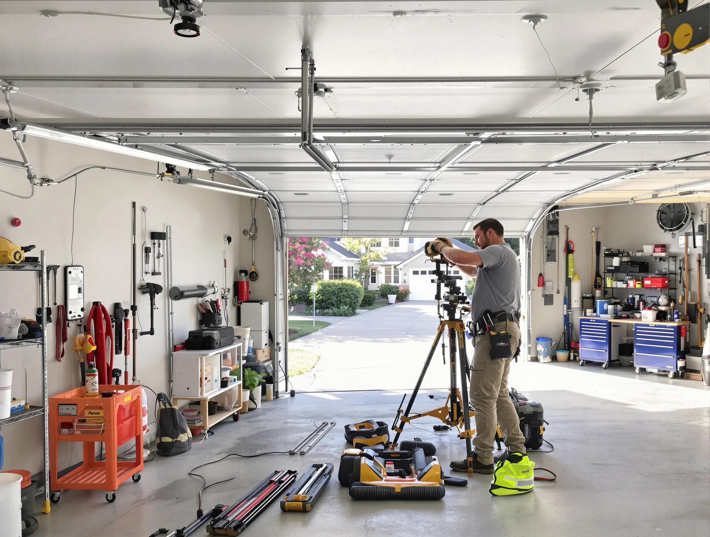 Winchester Garage Door Repair specialist performing laser-guided track alignment in Winchester
